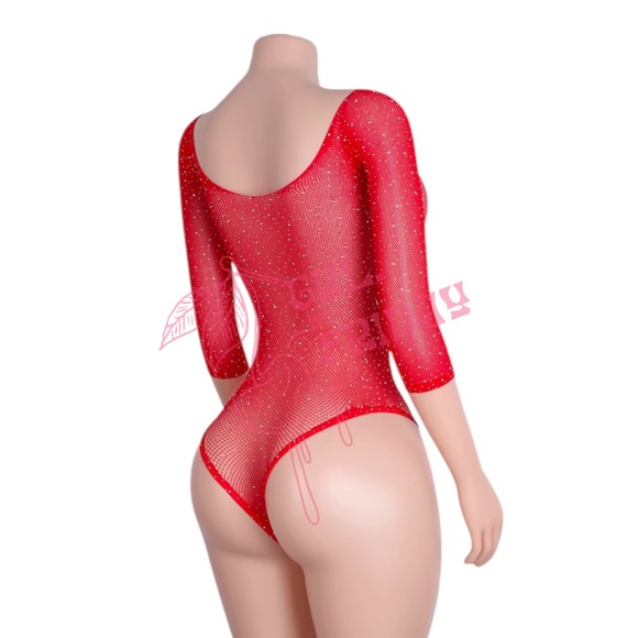 Cherry Red Rhinestoned Fishnet Bodysuit - EXOTIC DANCEWEAR - Picture 4 of 5
